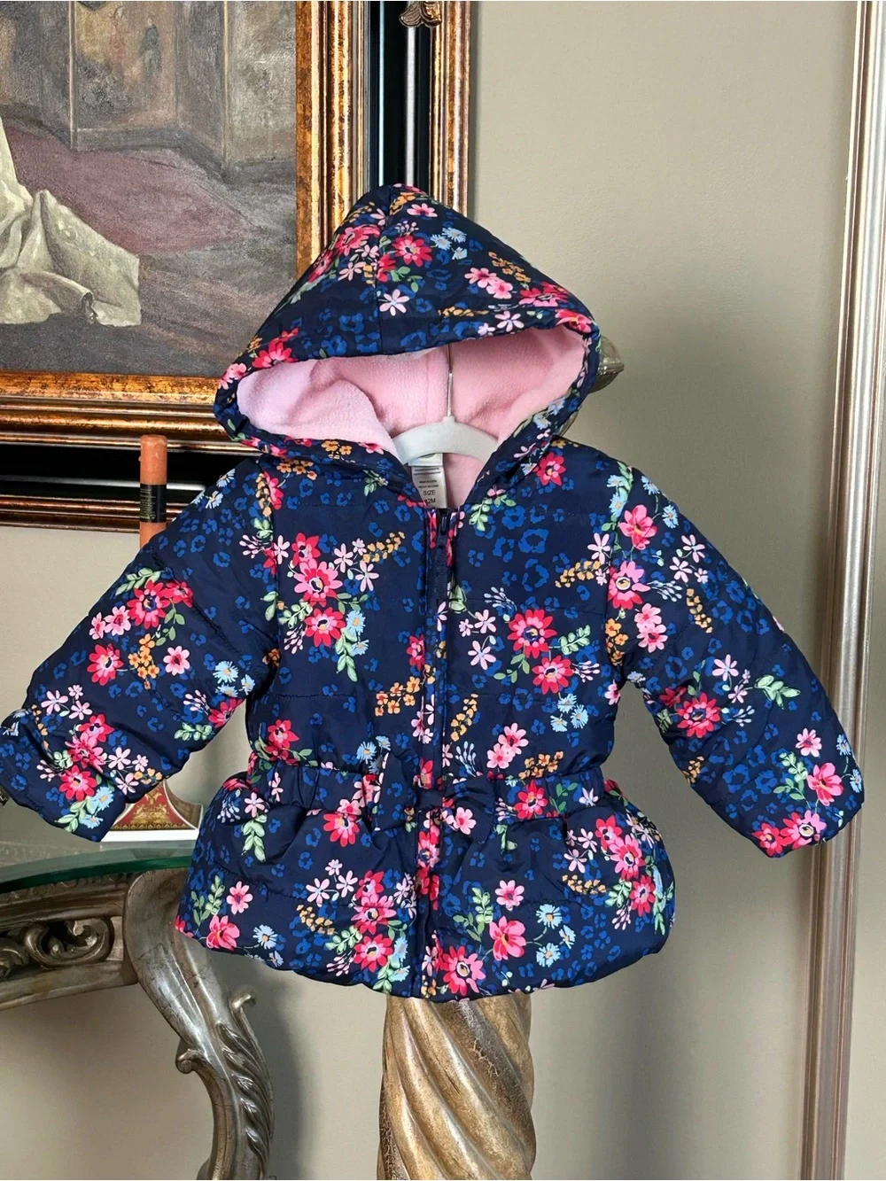Little Me Baby Girls Navy Floral Bow Puffer Coat Pink Fleece Size 12M